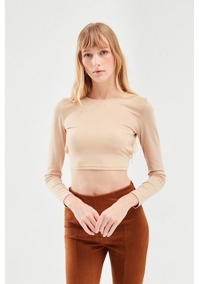 Quzu Cut Out Zincirli Crop Bluz Bej