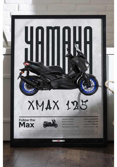X-max 125 Siyah Ahşap Çerçeveli Poster, Dekoratif Motosiklet Duvar Tablosu