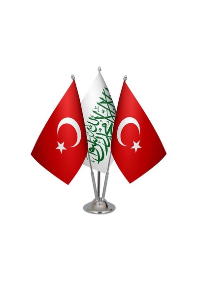 Masa Üstü Beyaz Kelimei Tevhid Bayrağı Türk Bayrağı Üçlü Krom Dir