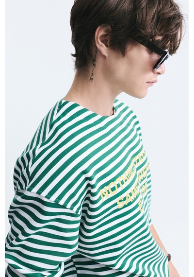 Vamos Oversize Çizgili Sweatshirt Ekru/yesıl