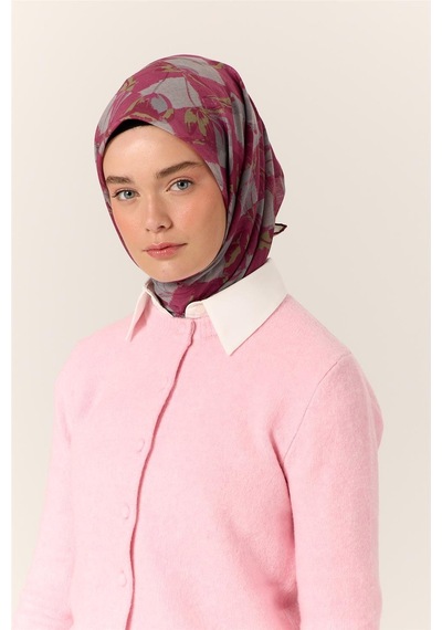Silk Home İnce Pamuk Soft Eşarp Pastel Pembe-gri Desenli Kaymaz Dokulu Tok Duruşlu 90x90 Çok Renkli