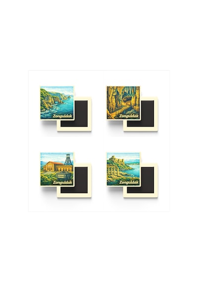 Zonguldak - 4'lü Memleket Seti - Baskılı Buzdolap Magneti Kare - 9x9 Cm - 4 Adet