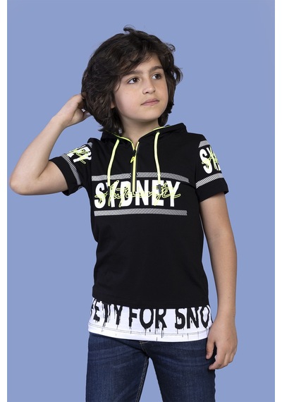 Toontoy Kids Toontoy Erkek Çocuk Kapüşonlu Garni Detaylı Tişört Siyah