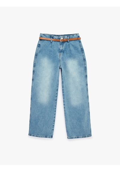 Koton Yüksek Bel Pamuklu Kemerli Kısa Geniş Paça Denim Pantolon - Wide Leg Jean Açık İndigo 6sal40096md