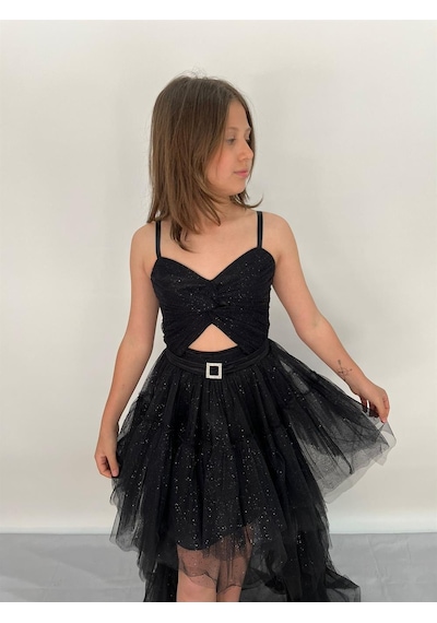 Butikhappykids Kız Askılı Siyah Önü Kısa Arkası Uzun Pırıltılı Tüllü Abiye 9-14 Yaş Siyah