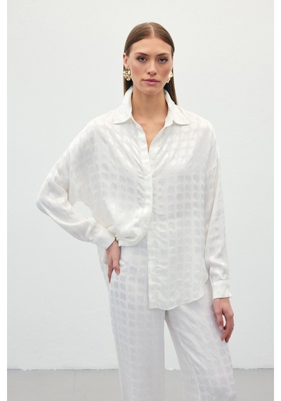 Sateen Jakarlı Saten Gömlek - Ekru-136231 Ekru