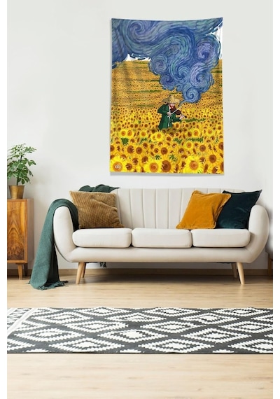 Pelangi Çok Renkli Van Gogh Papatya Tarlası Leke Tutmaz Kadife Kumaş Duvar Örtüsü Duvar Halısı Tapestry Dwll417,