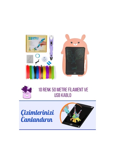 Mor 3D Kalem 3D Pen Yazıcı Kalem | 50 Metre PLA Filament + Grafik Tablet + USB Kablo