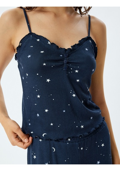 Koton Askılı Fitilli Pijama Üstü Yıldız Baskılı Fırfır Ve Düğme Detaylı Lacivert Desenli 5wlk90016mk Lacivert Desenli