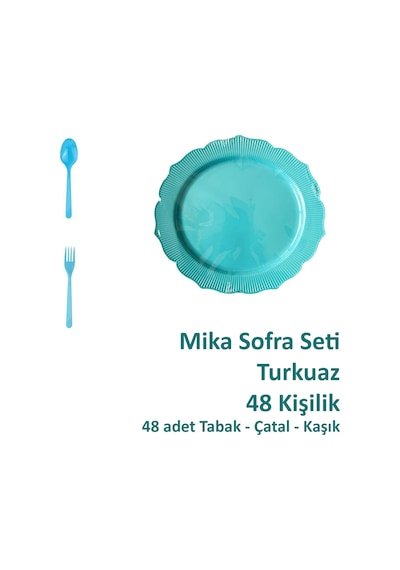 Omeyva Mika Plastik Turkuaz Sorfa Piknik Seti - 26 Cm. - 48 Kişilik Tabak Çatal Kaşık Takımı