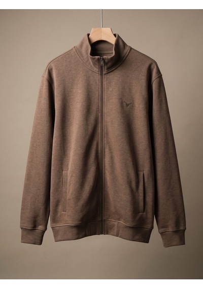 Maccali Erkek Kahve Büyük Beden Pamuklu Fermuarlı Sweatshirt Kahverengi