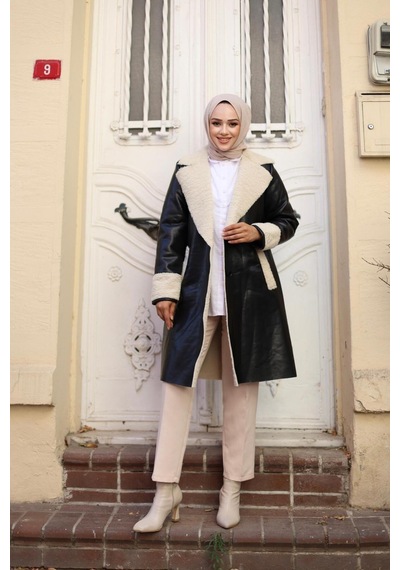 Harman Butik Kadın Kürklü Panzot Deri Kaban Siyah Siyah