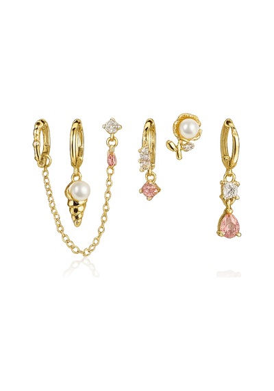 Çelik Midye İnci 6lı Set Küpe Gold