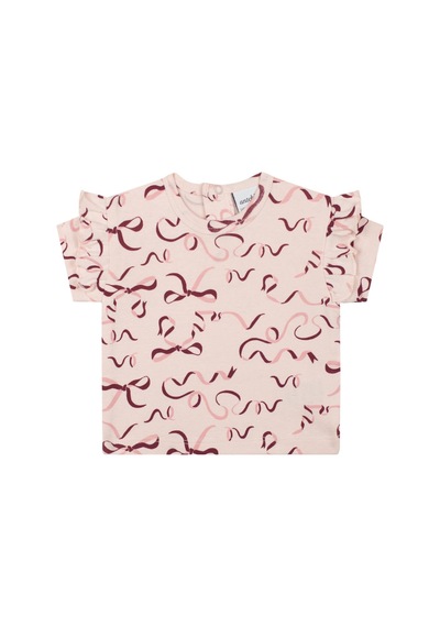Antebies Organik Pembe Kurdele Desenli Fırfırlı Kısa Kollu Kız Bebek Tshirt Şort Takımı