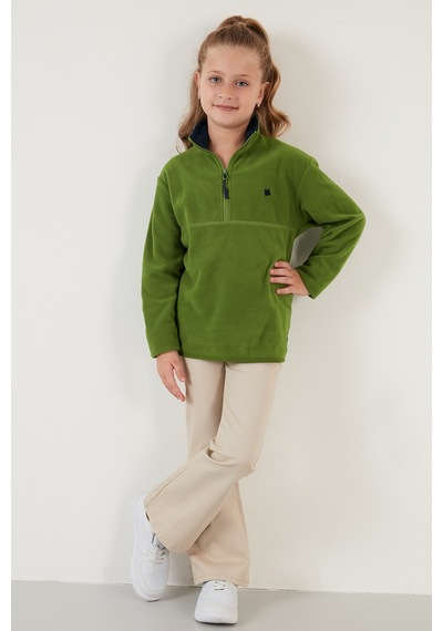 Lela Yumuşak Dokulu Fermuarlı Dik Yaka Şardonlu Kışlık Unisex Çocuk Polar 5905002 Fistik Yeşil