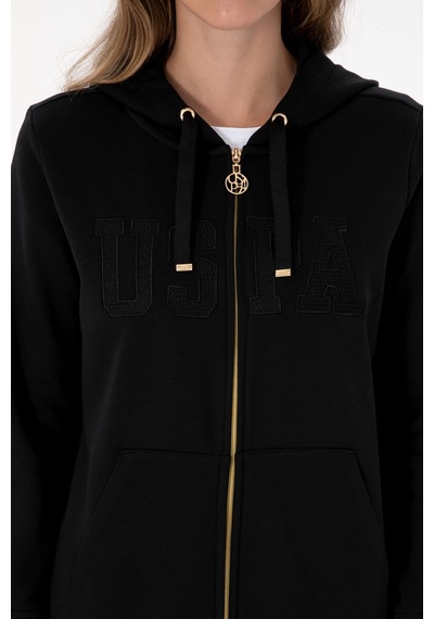 U.S. Polo Assn. Kadın Siyah Uzun Fermuarlı Kapüşonlu Basic Sweatshirt 50307724-VR046