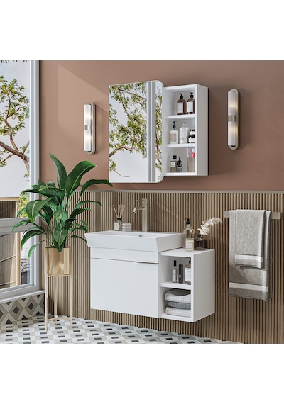 Likya Tek Kapaklı Lavabolu 82 Cm Banyo Alt Dolabı + Üst Dolabı, Lavabolu Mdflam Banyo Dolabı Takımı Beyaz
