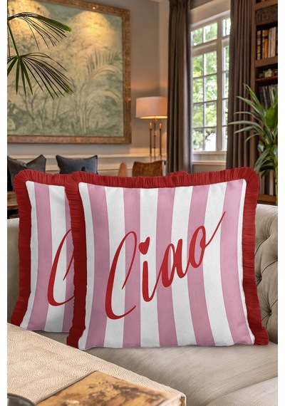 Retro Çizgili Saçaklı Yastık Kılıfı - Romantik Modern Pembe Kırmızı Püsküllü Kırlent Kılıfı Toprak Bebek Mavisi