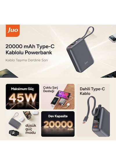 Juo 20000mah 45w Led Ekranlı Usb-a + Type-c Dahili Kablolu Powerbank Taşınabilir Pd Hızlı Şarj Cihazı Siyah