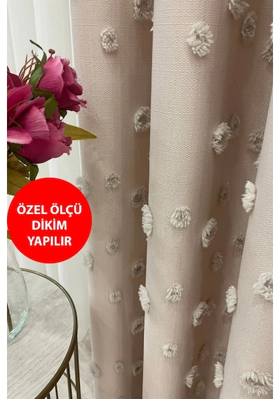 Fon Perde Bej Pufy Püsküllü, Ponponlu, Perde Sık Pileli Keten Pano Fon Tek Kanat Bej