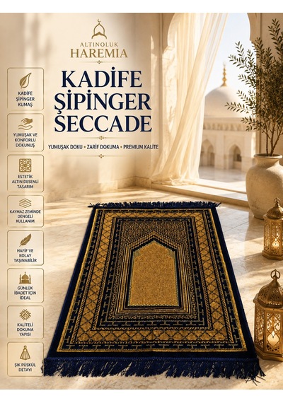 Kadife Şipinger Seccade Yumuşak Dokulu Desenli Püsküllü Namaz Seccadesi Lacivert