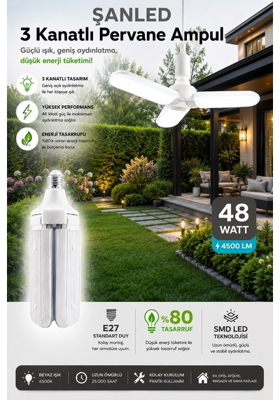3 Kanatlı Pervane 48w Ampul Beyaz Işık- 2 Adettir 2 Adet
