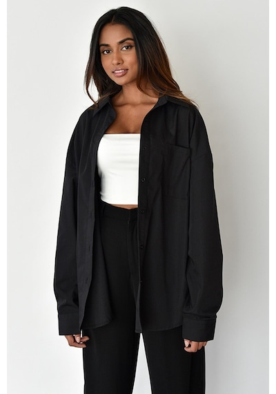 Madmext Siyah Oversize Basic Cepli Poplin Gömlek Mg1530 Siyah