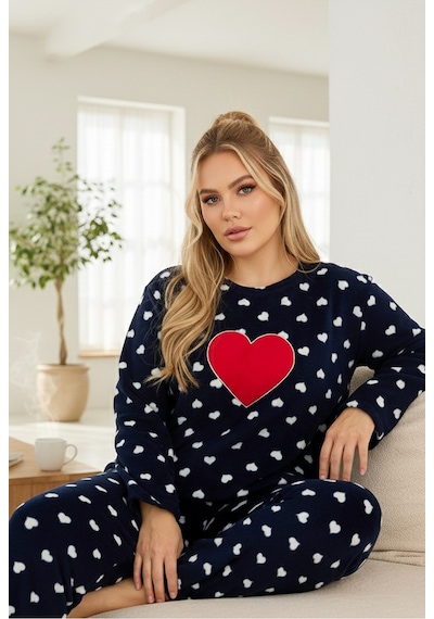Siyah İnci Büyük Beden Polar Kışlık Örme Pijama Takım 25222564 Lacivert
