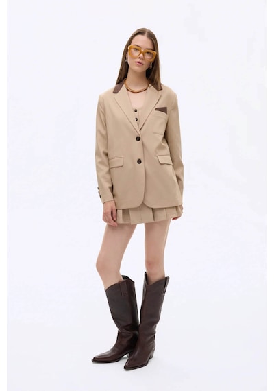 Quzu Kontrast Yaka Oversize Bej Kadın Ceket Ckt00823 Bej