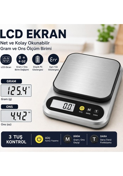 10 Kg Dijital Hassas Mutfak Tartısı - Lcd Ekranlı, Paslanmaz Çelik Tartım Yüzeyi, Dara Tare Fonksiyonlu, Gram & Ons Ölçüm Çok Renkli