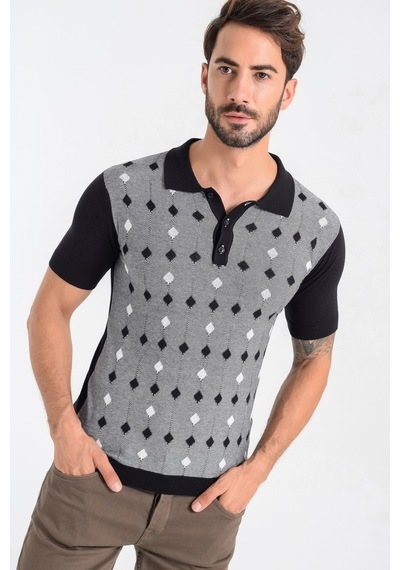 Heyss Kısa Kollu Polo Yaka Desenli Erkek Triko Siyah