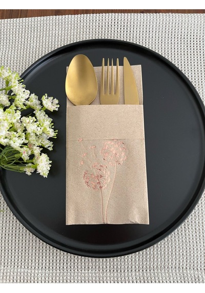 Rose Gold Yaldızlı Kraft Cepli Hindiba Çiçeği Peçete 12 Adet