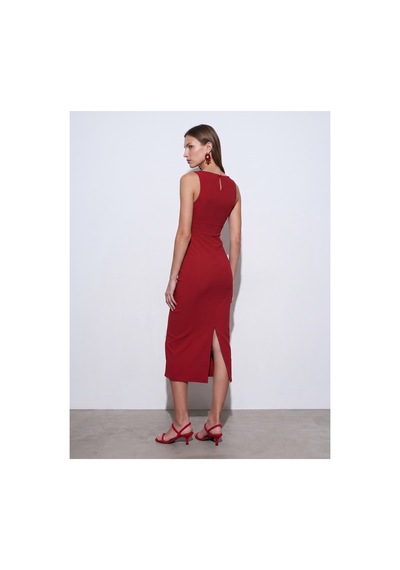 Dilvin 91099 Extra Slim Fit Midi Elbise-kırmızı-16464