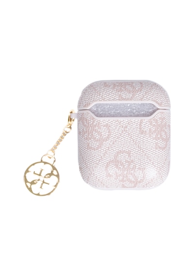 Apple Uyumlu AirPods Kılıf Guess Lisanslı 4g Desenli Metal Script Logolu 4g Charm Sağdan Askılı Pu Deri Pembe