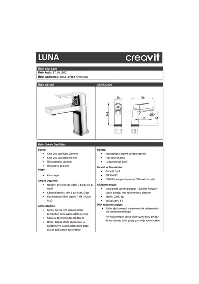 Luna Krom Lavabo Bataryası Ln1500 Genel