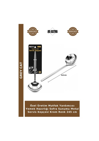 Özel Üretim Mutfak Yardımcısı Yemek Hazırlığı Sofra Sunumu Metal Servis Kepçesi Krom Renk 245 Cm