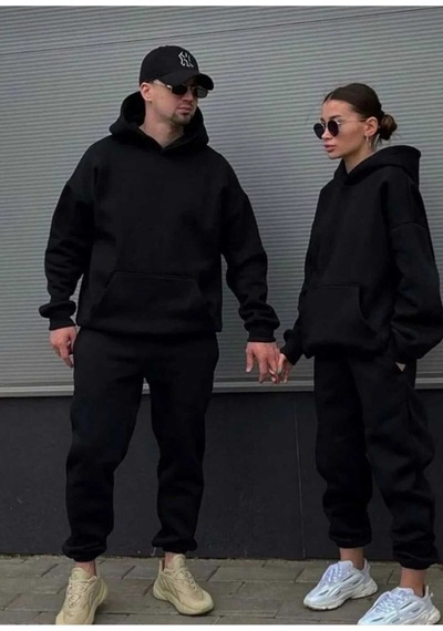 Nzn Collectıon Unisex Kadın Erkek Sevgili Çift Kombini Basic Düz Kapüşonlu 2'li Alt-üst Eşofman Takımı Siyah