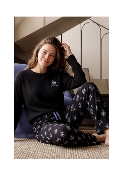 Nisanca Premium Soft Waffle Kadın Pijama Takımı Yumuşak Dokulu Sıcak Tutan Kışlık Uzun Kollu Pijama Siyah