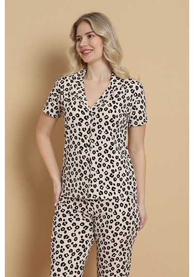 Wordex Mirano 9509 Leopar Desenli Pegasus Kumaş Düğmeli Kısa Kolu Kadın Pijama Takımı
