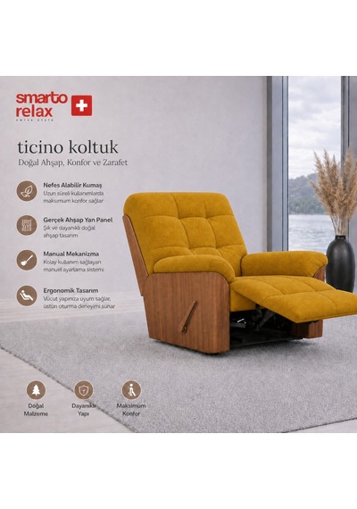 Smarto Relax Ticino Manuel Mekanizmalı Ayak Uzatmalı Ahşap Yan Panelli Polyester Tv Koltuğu Baba Koltuğu Sarı