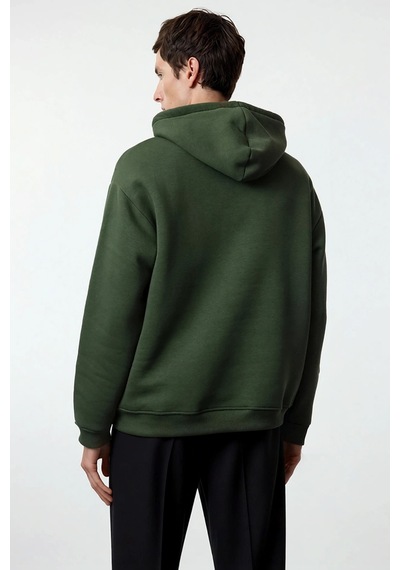 Benerly Erkek Kapüşonlu Düşük Kol Sweatshirt Slogan Nakışlı Fonksiyonel D Haki