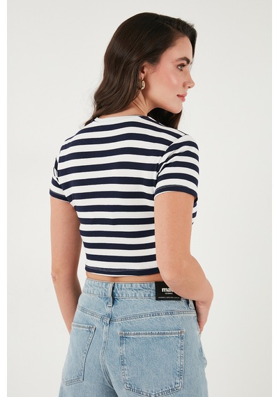 Lela Slim Fit Bisiklet Yaka Çizgili Crop Bayan T Shirt 5866110 Lacivert