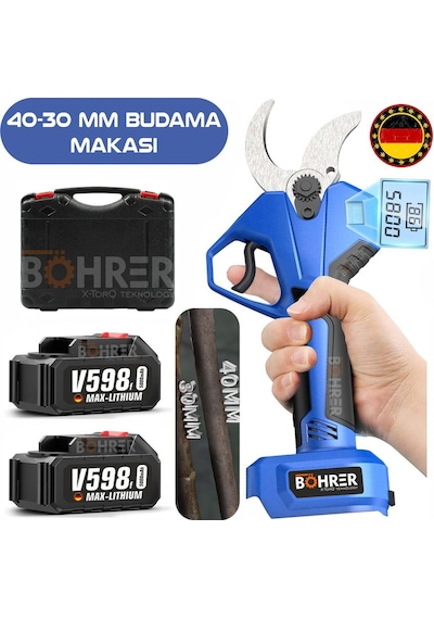 Böhrer Alman Pro 40-30 MM Çift Kademe Çift Akü V258 Yağlı Budama Makası + Budama Testeresi Seti 2'li
