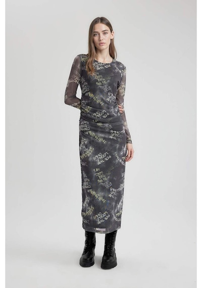 DeFacto Coool Bodycon Desenli Tül Uzun Kollu Maxi Elbise C1891AX24SPGR452