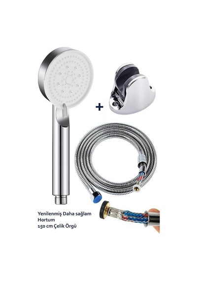 5 Fonksiyon Royal Duş Başlığı 150cm Çelik Örgülü Hortum Mafsal Beyaz
