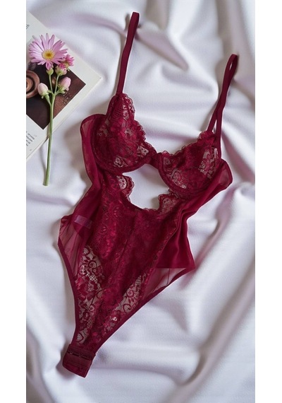 Suısy Velvet Flame Bordo Dantelli Pencereli Bodysuit