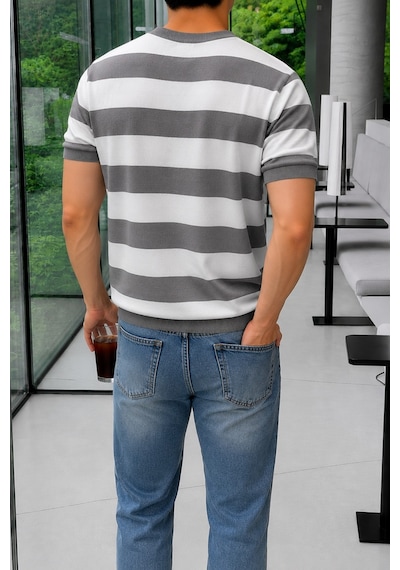 Tarz Cool Erkek Çizgili Triko Tişört Bisiklet Yaka Slim Fit Yazlık İnce Dokulu Gri