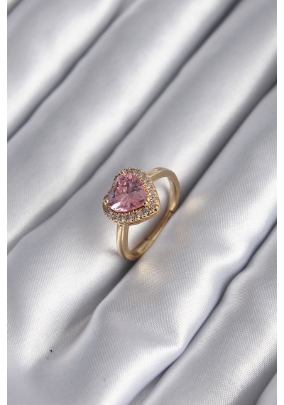 Pirinç Gold Renk Pembe Zirkon Taş Charm Model Kadın Yüzük Altın