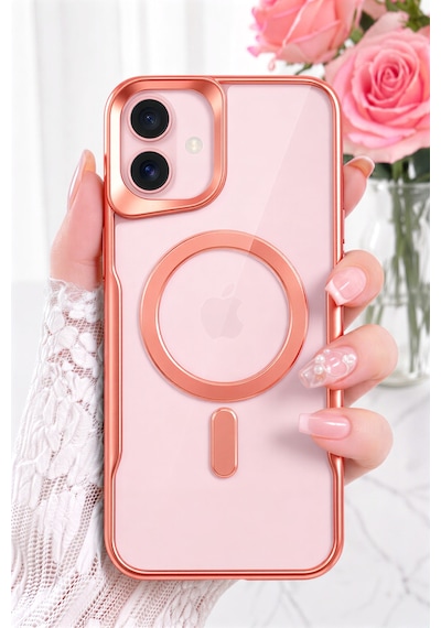Fibaks iPhone 16 Plus Uyumlu Kılıf Prizma Kamera Çıkıntılı Magsafe Şarj Destekli Mat Renkli Şeffaf Kapak Pembe