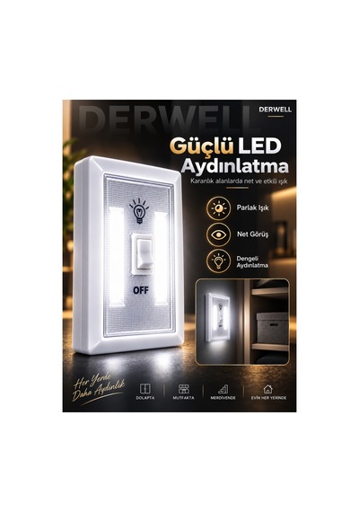Kablosuz Cob Led Duvar Lambası - Pilli Pratik Led Gece Lambası Anahtarlı Işıldak - Ev Ofis Dolap İçi Gardırop Karavan Merdiven Aydınlatması Mıknatıslı Taşınabilir Lamba